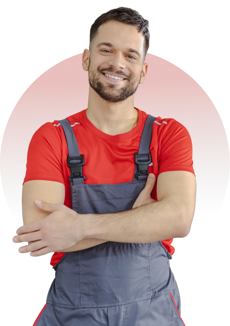 Man in overalls with his arms crossed, against a white background
