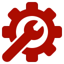 Red gear with a wrench in the center, set against a white background