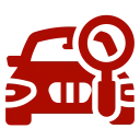 Red car with a magnifying glass hovering over it, set against a white background