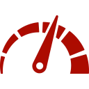 Red speedometer on a white background, indicating the current speed of a car's fuel gauge icon